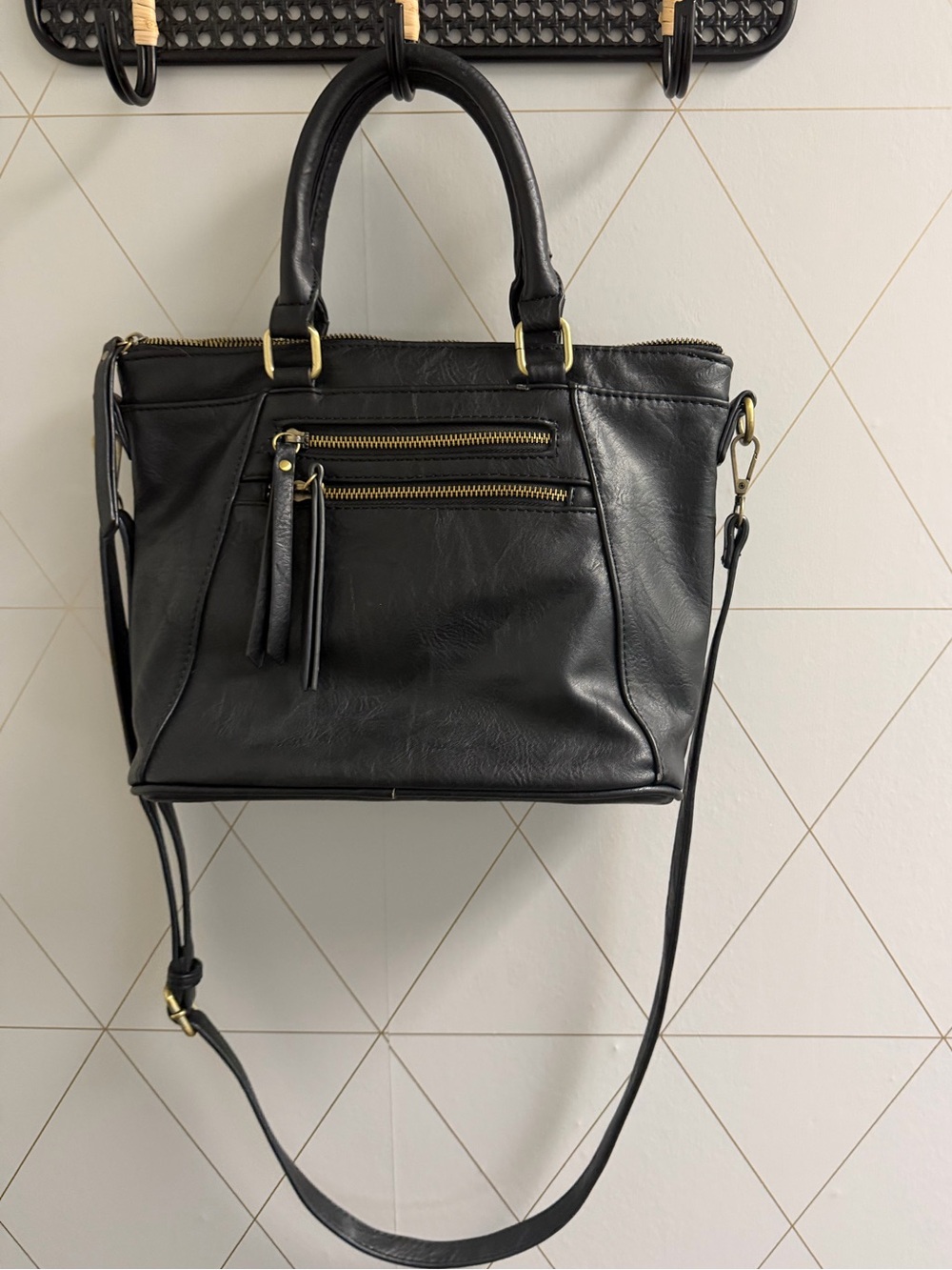 Madison West Black Satchel Crossbody Bag Gold Hardware Multi Pocket Purse